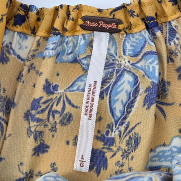 Free People Soli Plunge Neck Yellow Floral Long Sleeve Mini Dress Pockets Size L - Picture 8 of 12